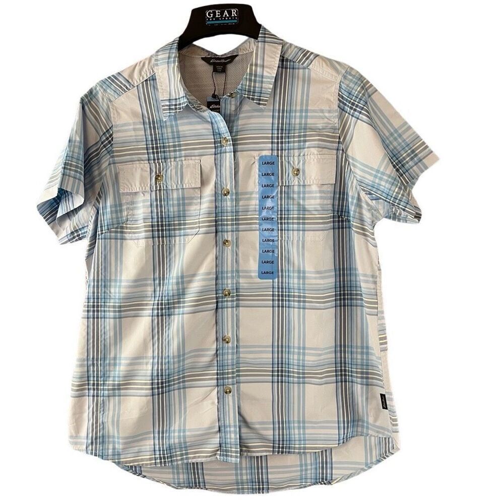 Eddie Bauer Women Short Sleeve Adventure Shirt Button Up Large UPF 50 NWT